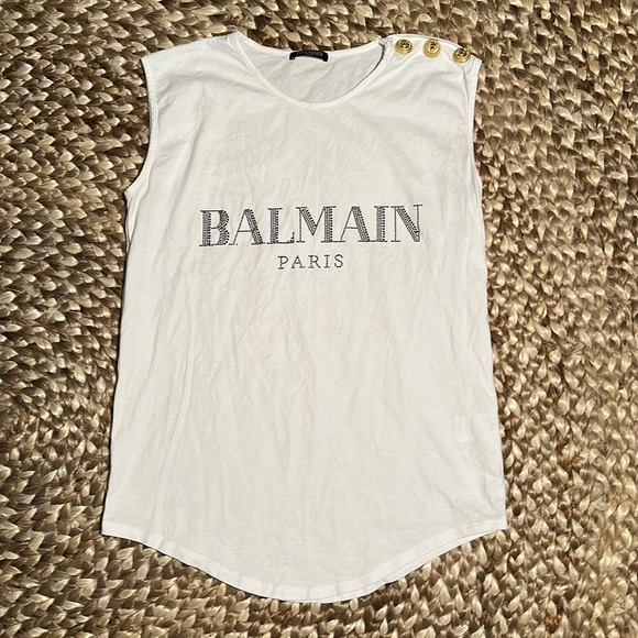 Authentic UniSex Balmain Crystal Logo Sleeveless Shirt Size 40 **one hole